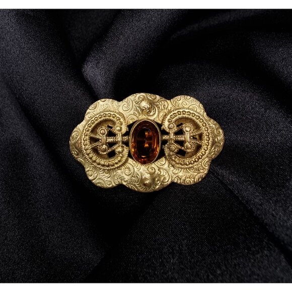 Antique Victorian Ornate Gold-Tone Brooch With Amber Glass Gemstone & Intricate - Picture 2 of 6